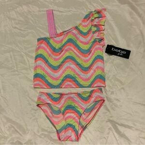 Bebe Neon Multicolored Metallic Swirl Print Tankini Set
